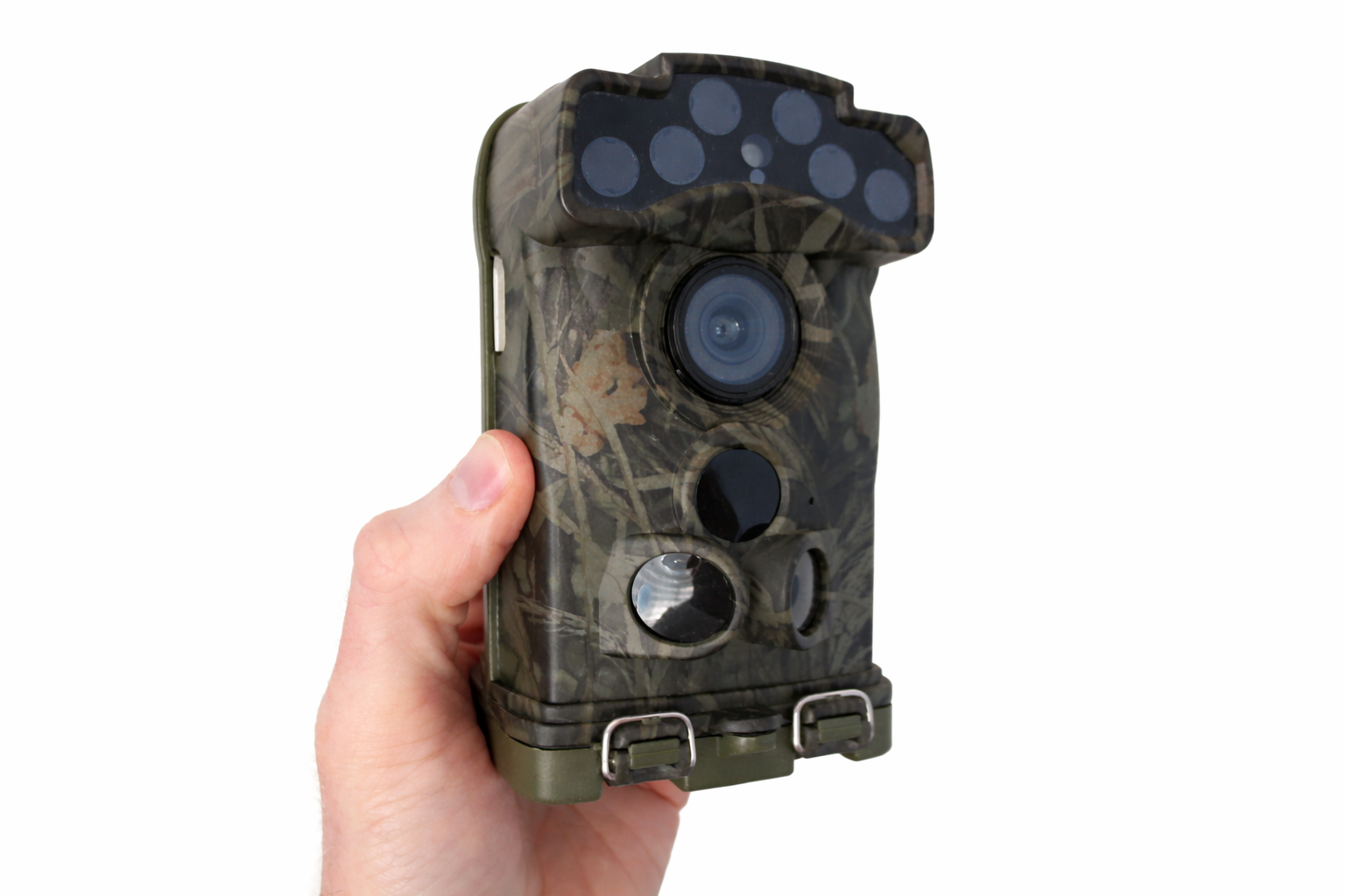 wireless wildlife camera in hand with white background